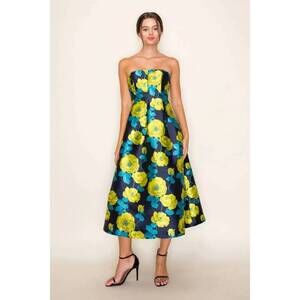 NEW B.RIGHT floral jacquard strapless pleated midi dress in navy/lime